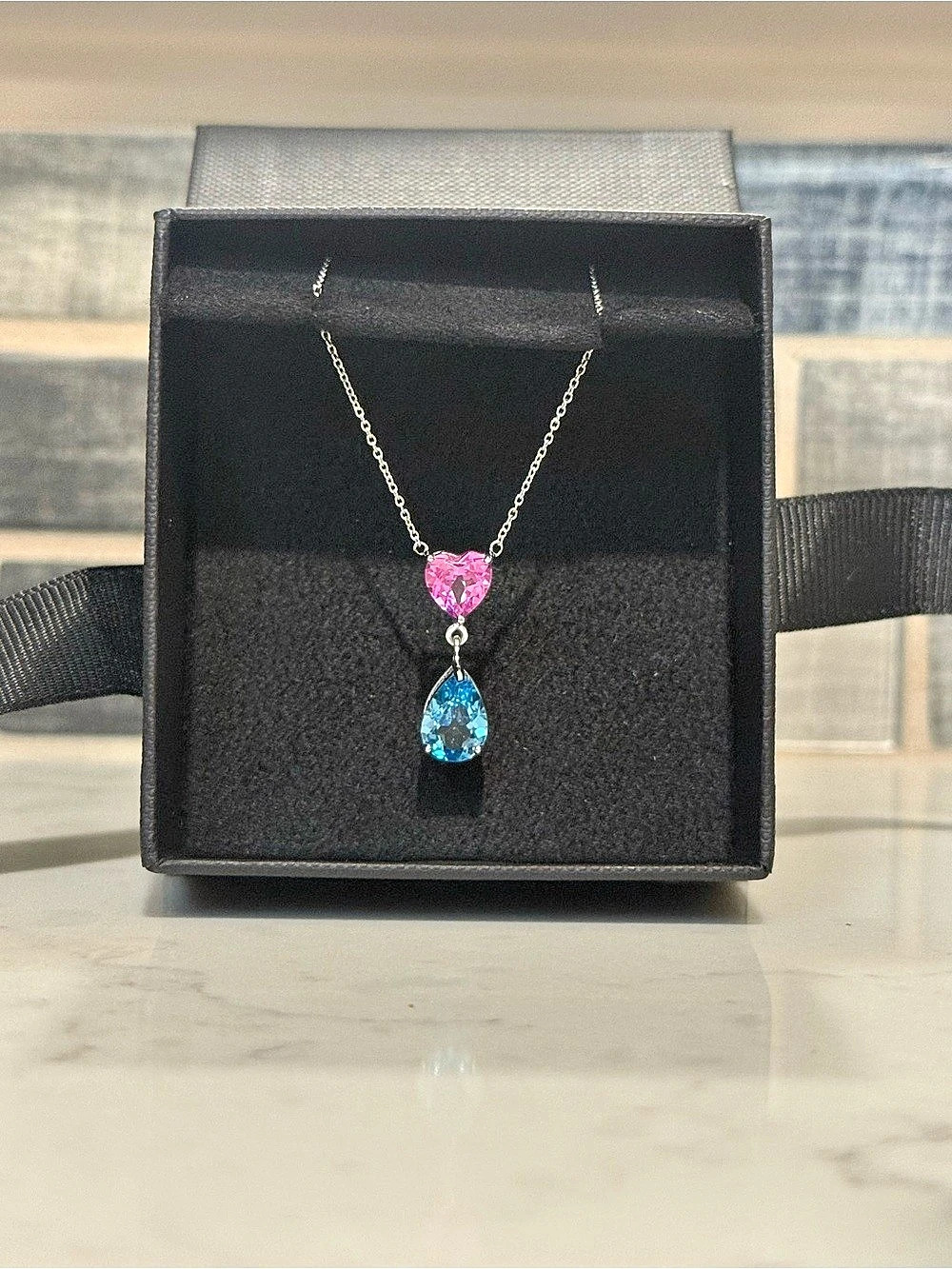 Pink Sapphire & Blue Topaz 925 Sterling Silver Necklace- New